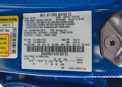 2020 Ford Fusion S из США, поврежденный, VIN 3FA6P0G75LR120735